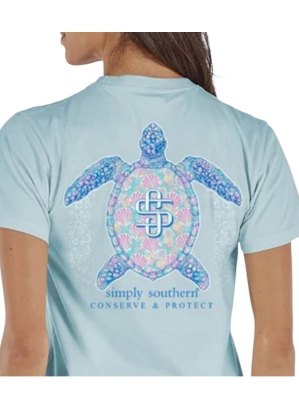 Simply Southern Sea Turtle Tracker Short Sleeve Light Blue Shirt, NWT